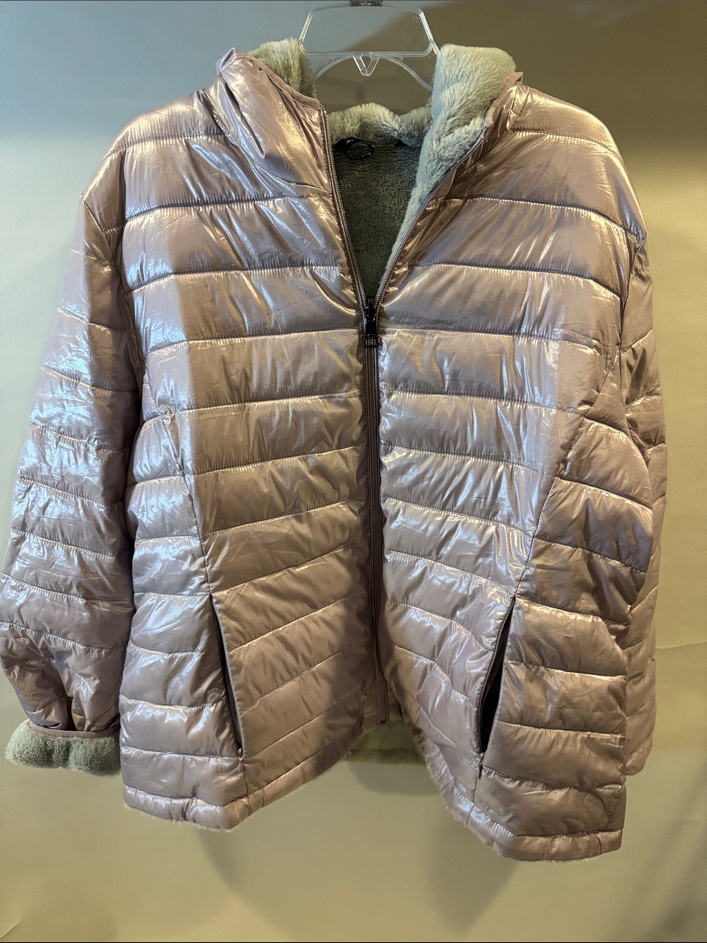 Andrew Marc Shimmery Mauve Reversible Pink Puffer Jacket with Faux Fur Trim
